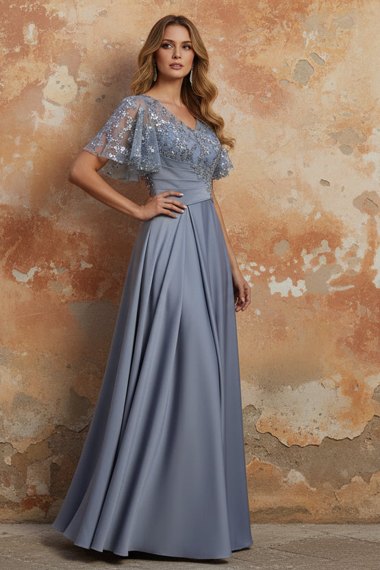 V-Neck Acetate Satin Mother of the Bride Dresses Sequins Floor-Length Short Sleeves Ruched Dusty Rose