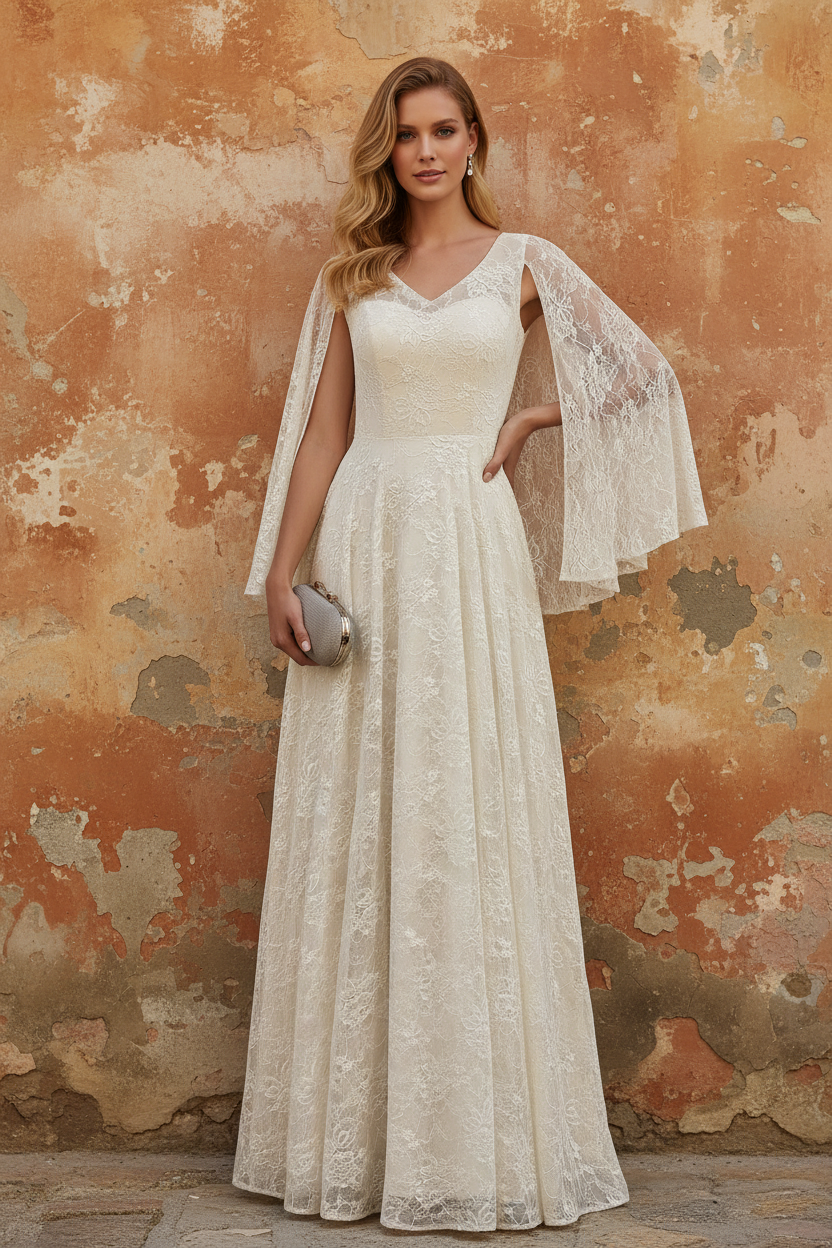 V-Neck Chiffon Mother of the Bride Dresses Lace Floor-Length Cape Sleeves Floral