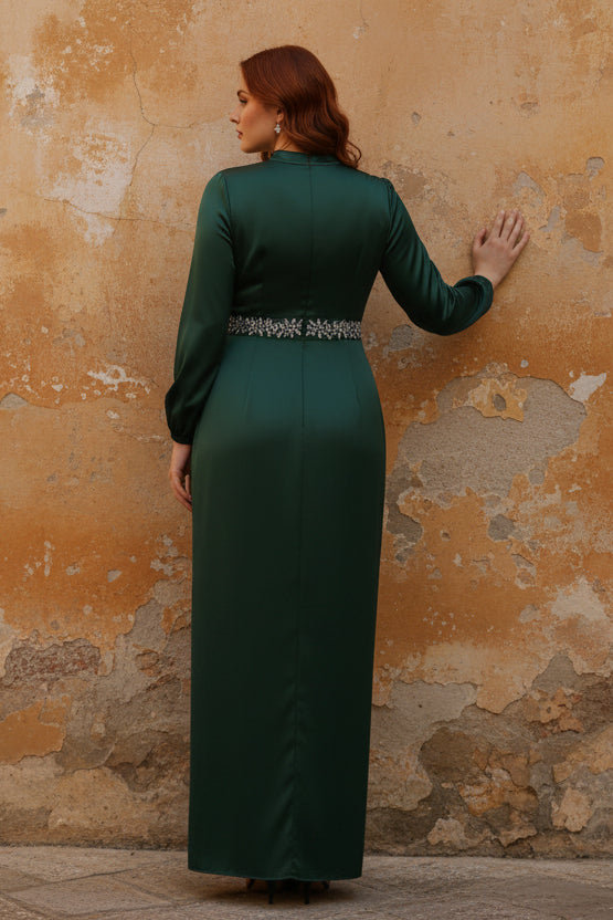 High Neck Silk Satin Plus Size Mother of the Bride Dresses Ankle-Length Belt Long Sleeves