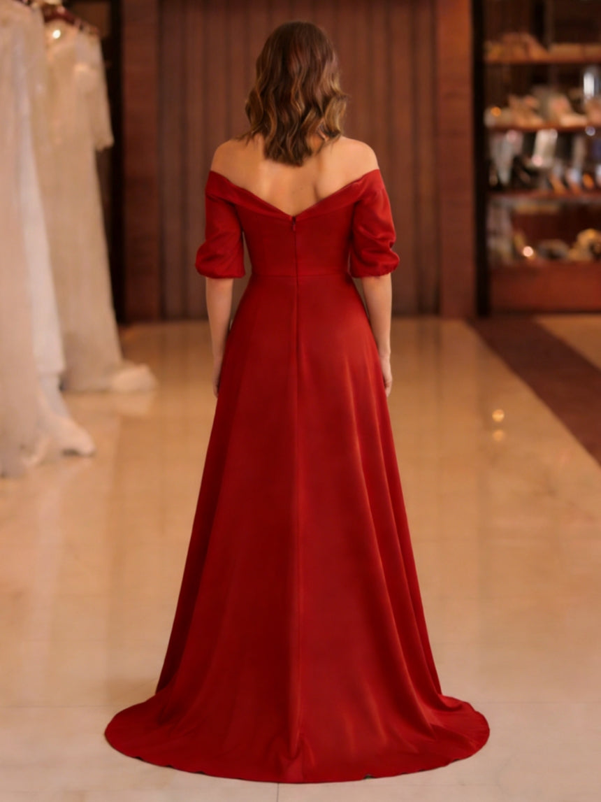 Off-the-Shoulder Satin Mother of the Bride Dresses Half Sleeves Floor-Length Appliques