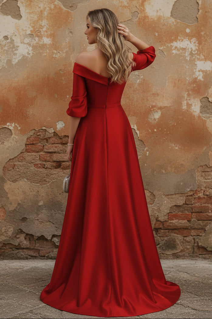 Off-the-Shoulder Satin Mother of the Bride Dresses Half Sleeves Floor-Length Appliques