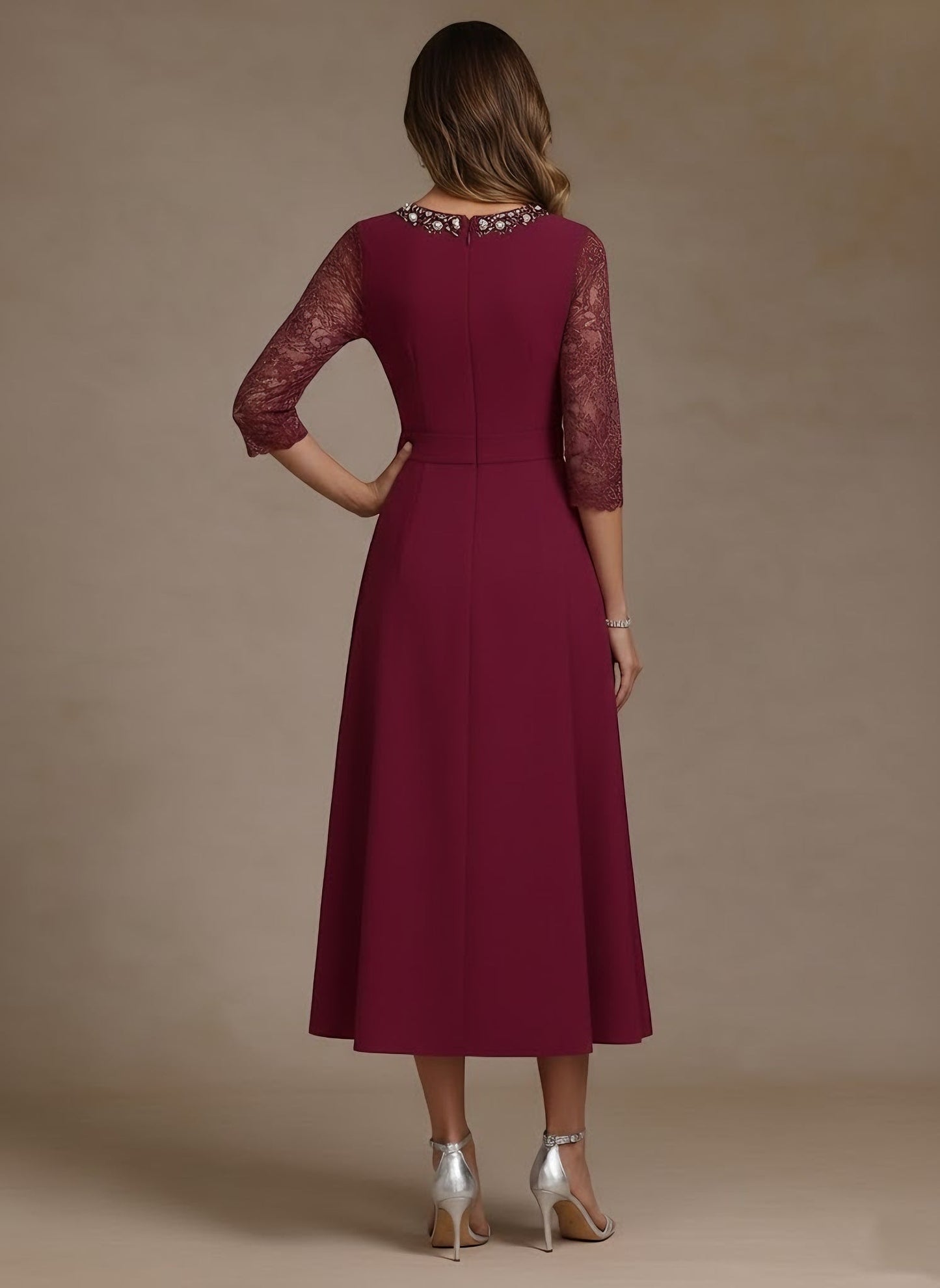 Jewel Neck Stretch Satin Mother of the Bride Dresses Lace Floor-Length Sash Bowknot 3/4 Sleeves