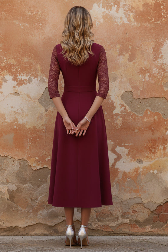 Jewel Neck Stretch Satin Mother of the Bride Dresses Lace Floor-Length Sash Bowknot 3/4 Sleeves
