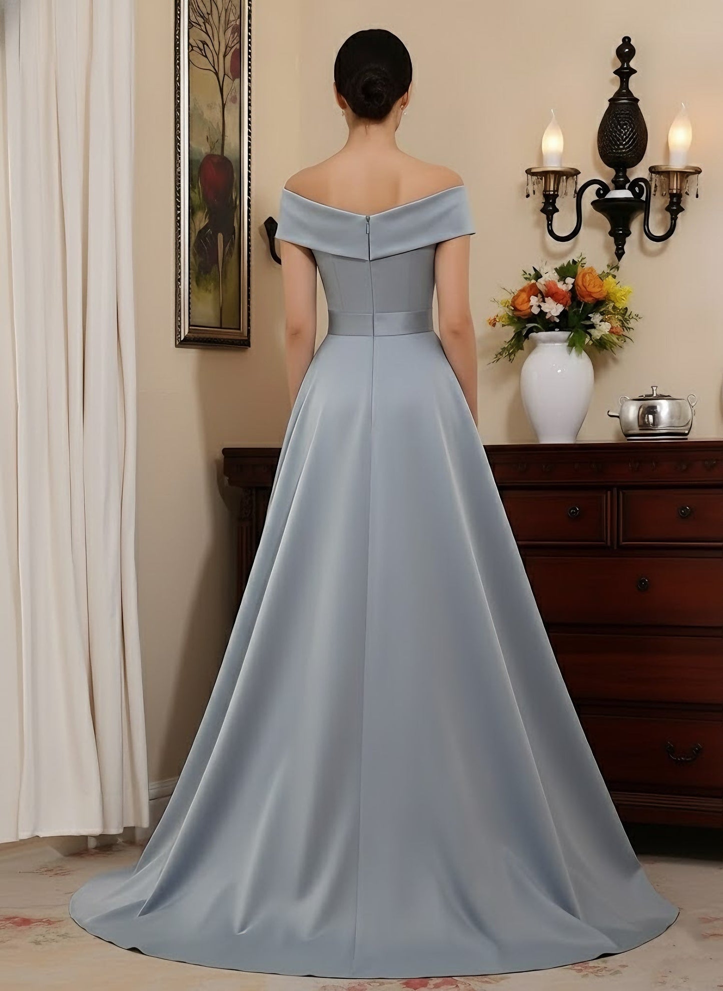 Off-the-Shoulder Satin Mother of the Bride Dresses with Overskirt Sleeveless Floor-Length Lace Bowknot
