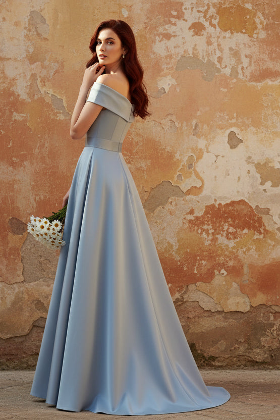 Off-the-Shoulder Satin Mother of the Bride Dresses with Overskirt Sleeveless Floor-Length Lace Bowknot