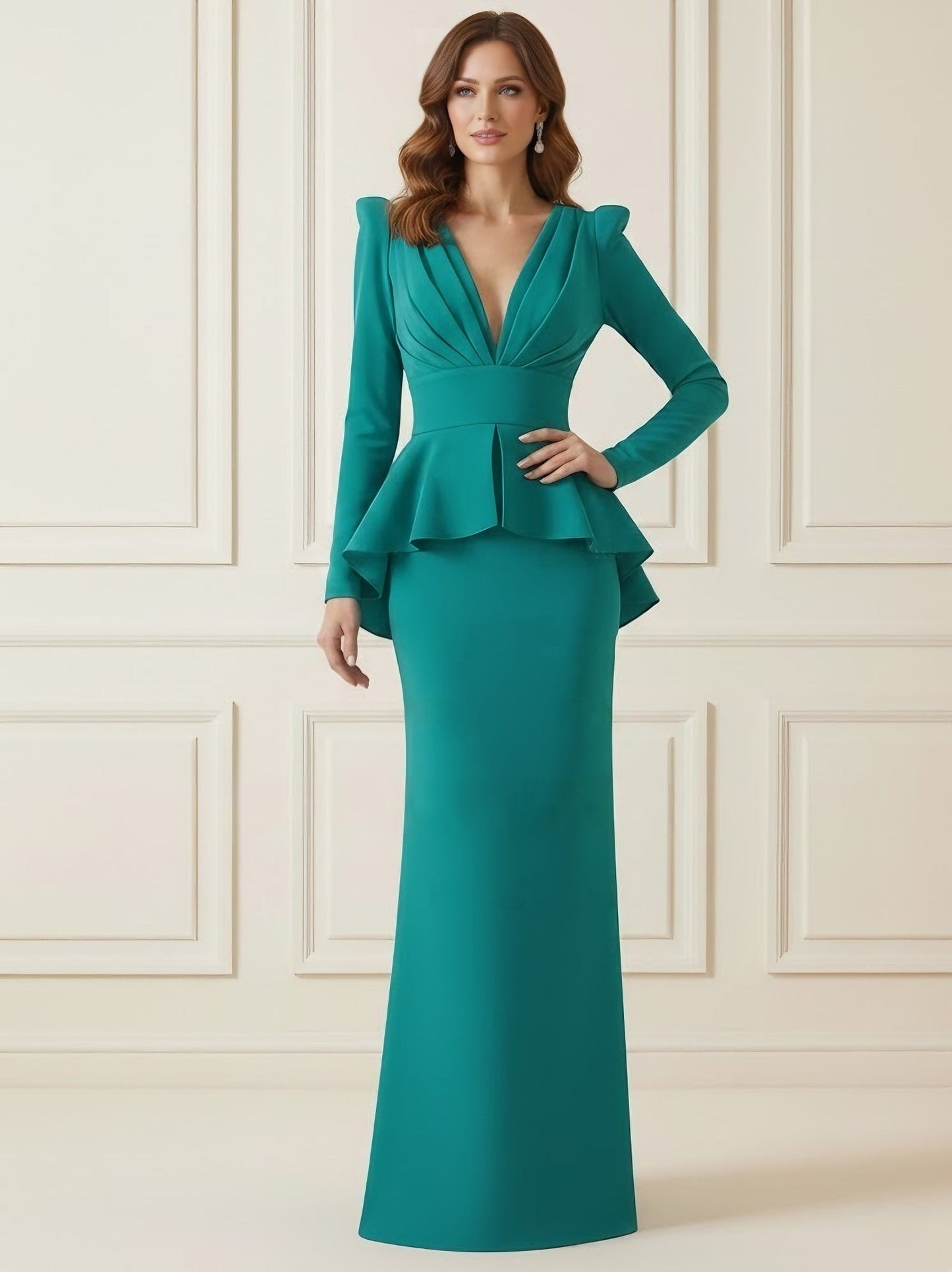 Sheath/Column V-Neck Stretch Satin Mother of the Bride Dresses Floor-Length Long Sleeves Ruffles