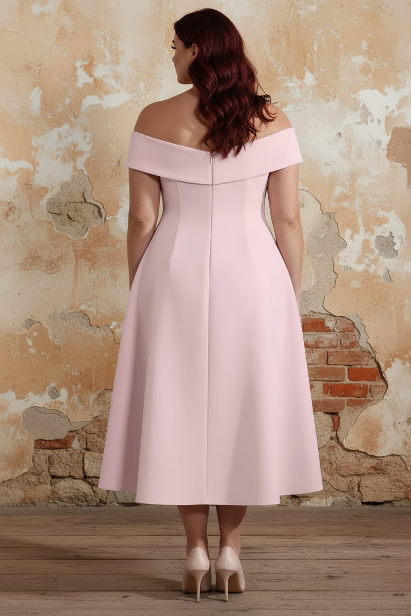 Off-the-shoulder Stretch Satin Plus Size Mother of the Bride Dresses with 3D Flower Tea-Length Sleeveless