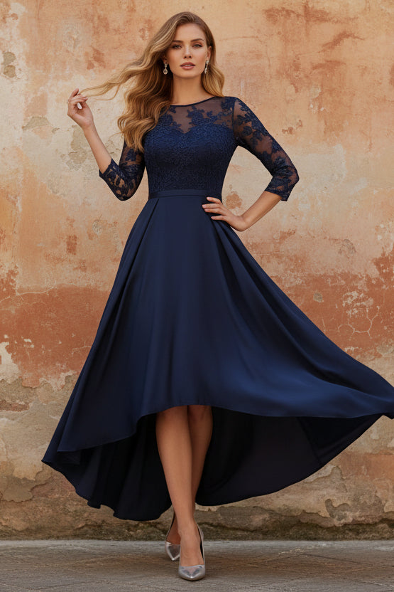 A-Line/Princess Scoop Satin Mother of the Bride Dresses Lace Asymmetrical Ankle-Length 3/4 Sleeves