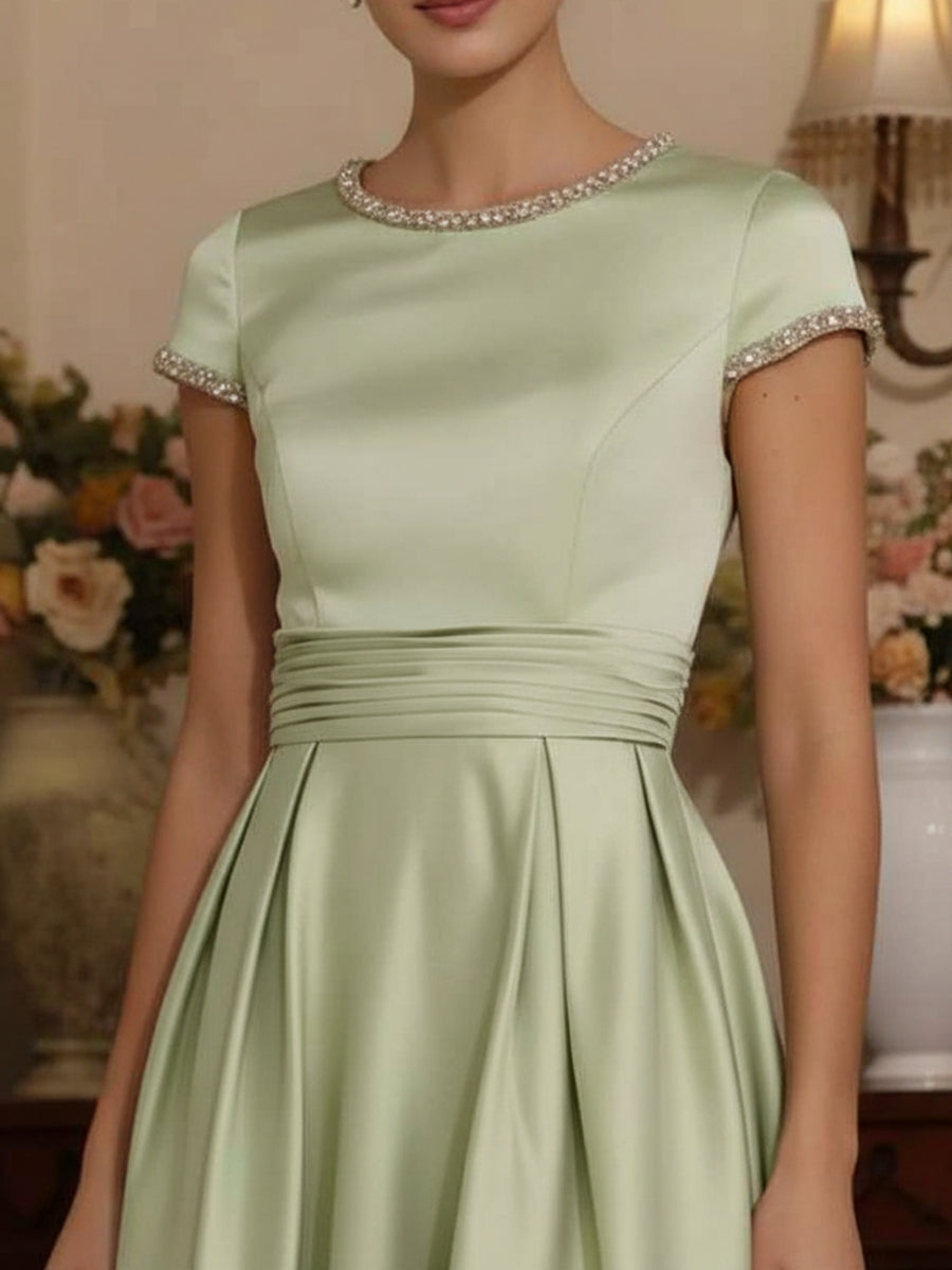 A-Line/Princess Silk Satin Jewel Neck Mother ofthe Bride Dresses Floor Length Short Sleeves Rhinestone