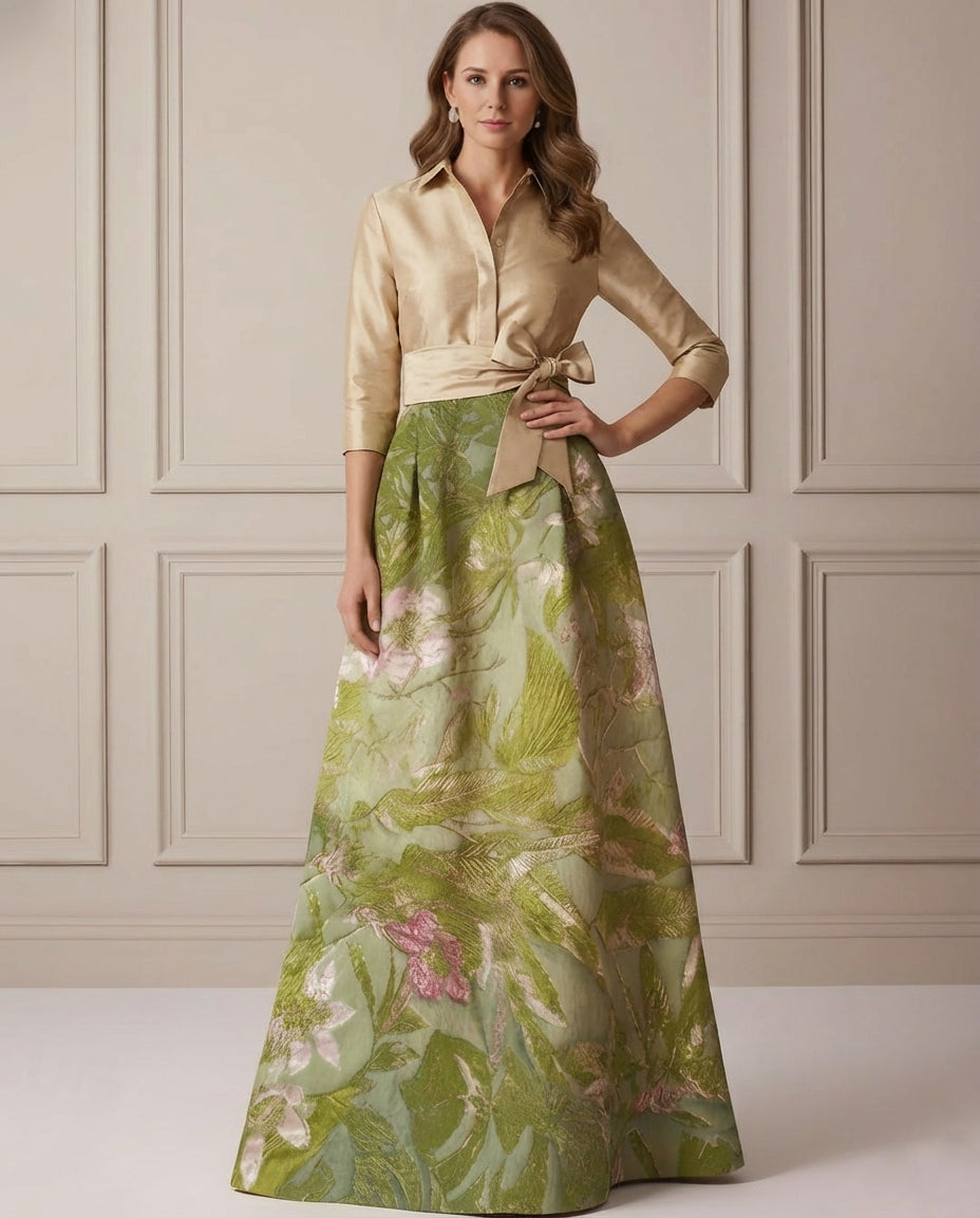 A-Line/Princess Shirt Collar Satin Mother of the Bride Dresses 3/4 Sleeves Floor-Length Floral Bowknot