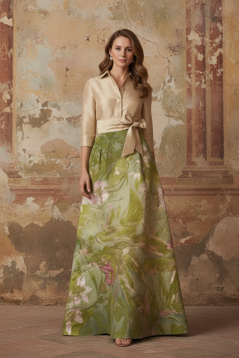 A-Line/Princess Shirt Collar Satin Mother of the Bride Dresses 3/4 Sleeves Floor-Length Floral Bowknot