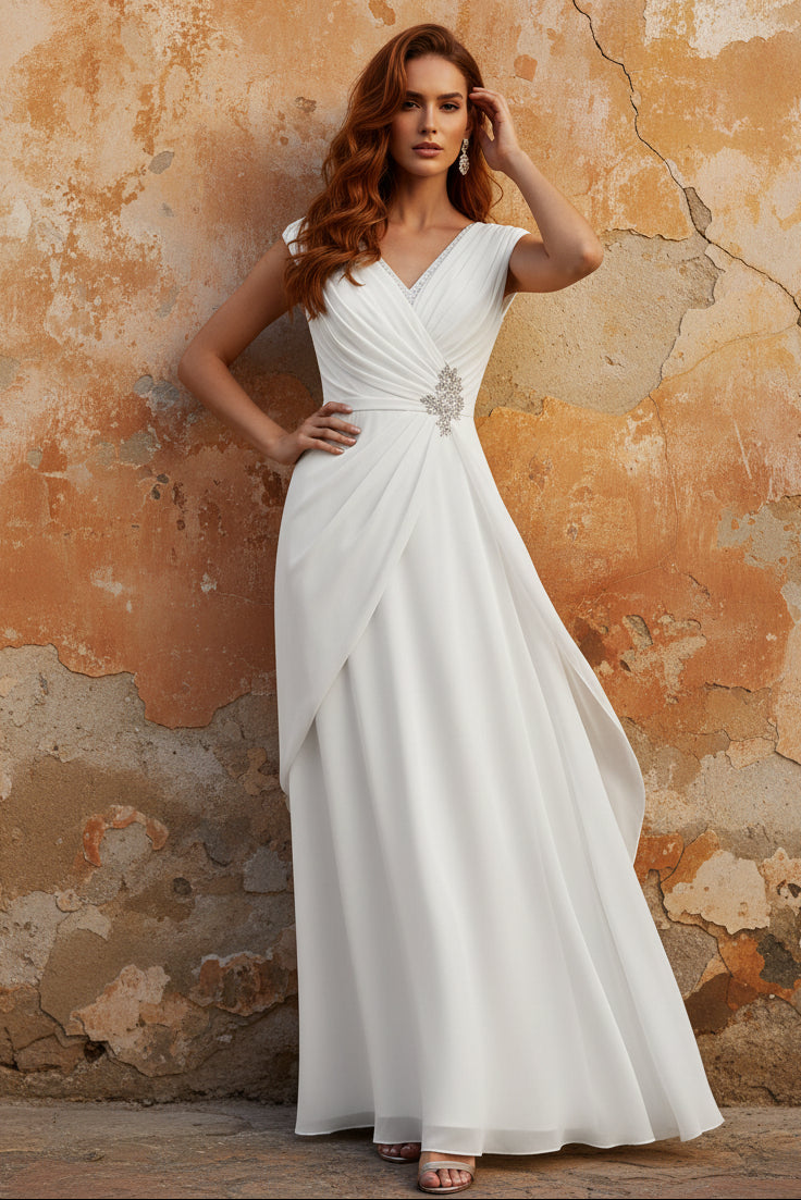 V-Neck Chiffon Mother of the Bride Dresses Asymmetrical Floor-Length Sequins Ruched