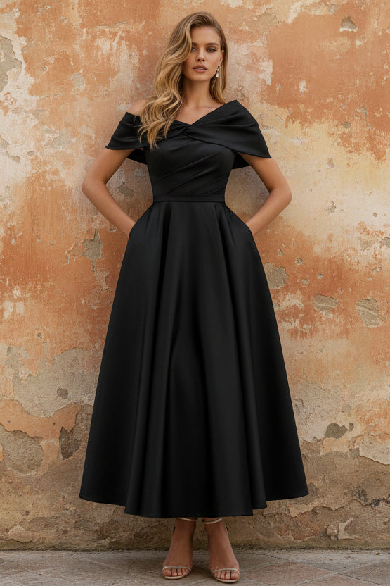 Off-The-Shoulder Satin Mother Of The Bride Dresses Sleeveless Ankle-Length with Ruffles & Bowknot