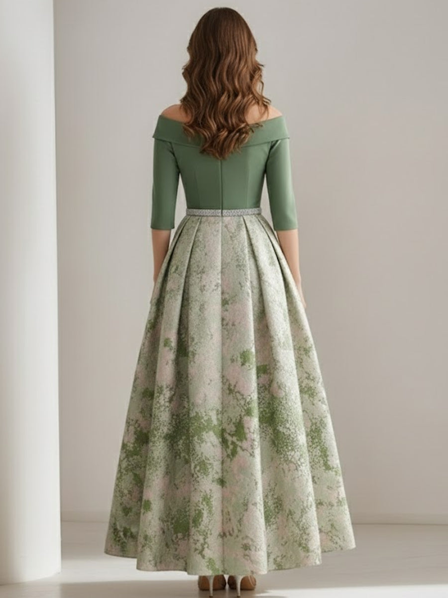 Off-the-Shoulder Mother of the Bride Dresses Satin 3/4 Sleeves Ankle-Length Floral Sash