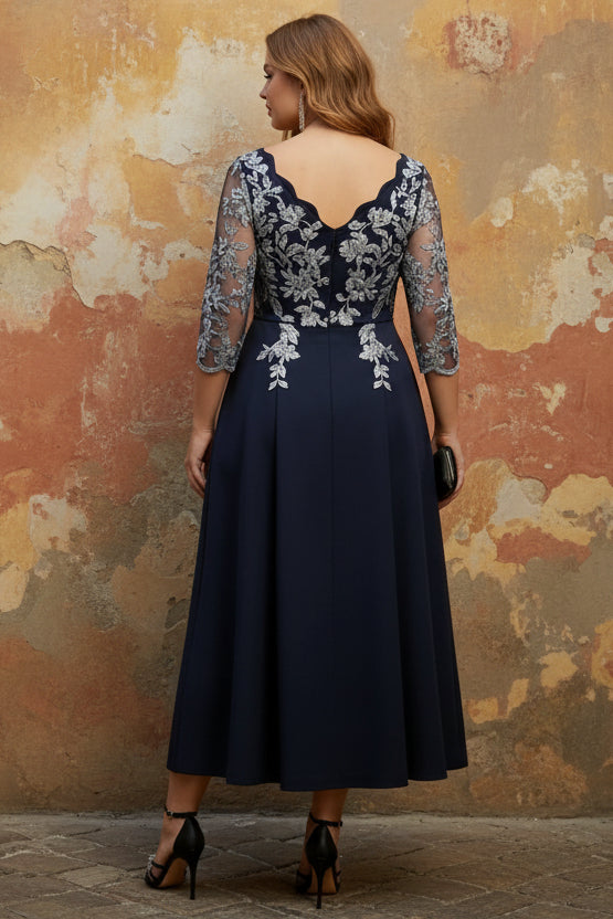V-Neck Stretch Satin Plus Size Mother of the Bride Dresses Lace Tea-Length 3/4 Sleeves