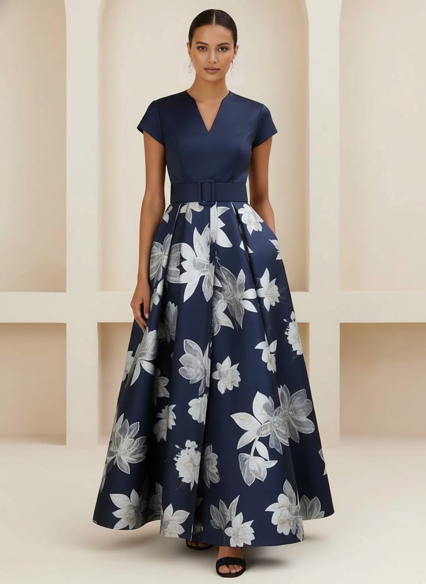 V-Neck Printed Satin Mother of the Bride Dresses Short Sleeves Floral Ankle-Length