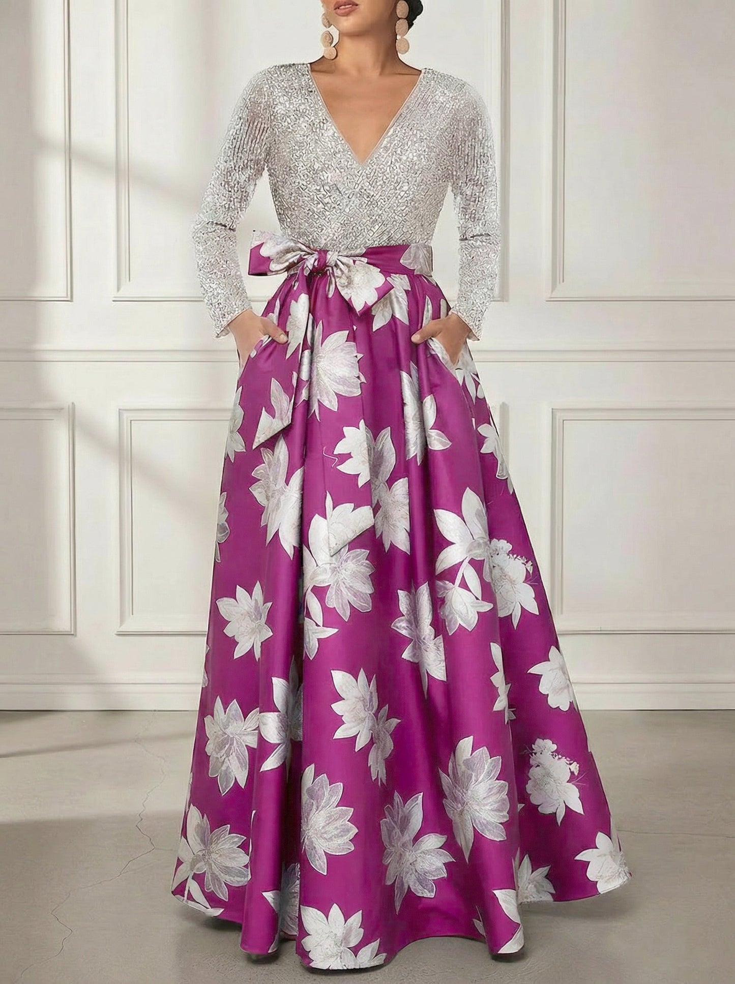 V-Neck Printed Satin Mother of the Bride Dresses Sequins Long Sleeves Floral Floor-Length Bowknot