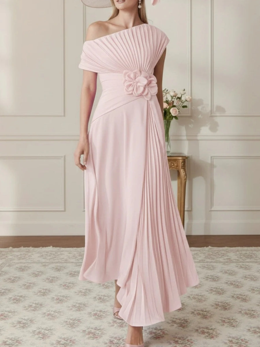 One-Shoulder Chiffon Mother of the Bride Dresses Sleeveless Asymmetrical Ankle-Length 3D Flower Pleats
