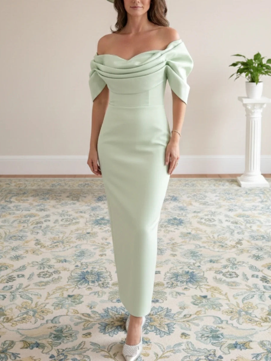 Off-the-Shoulder Stretch Satin Mother of the Bride Dresses Ankle-Length Short Sleeves Ruched