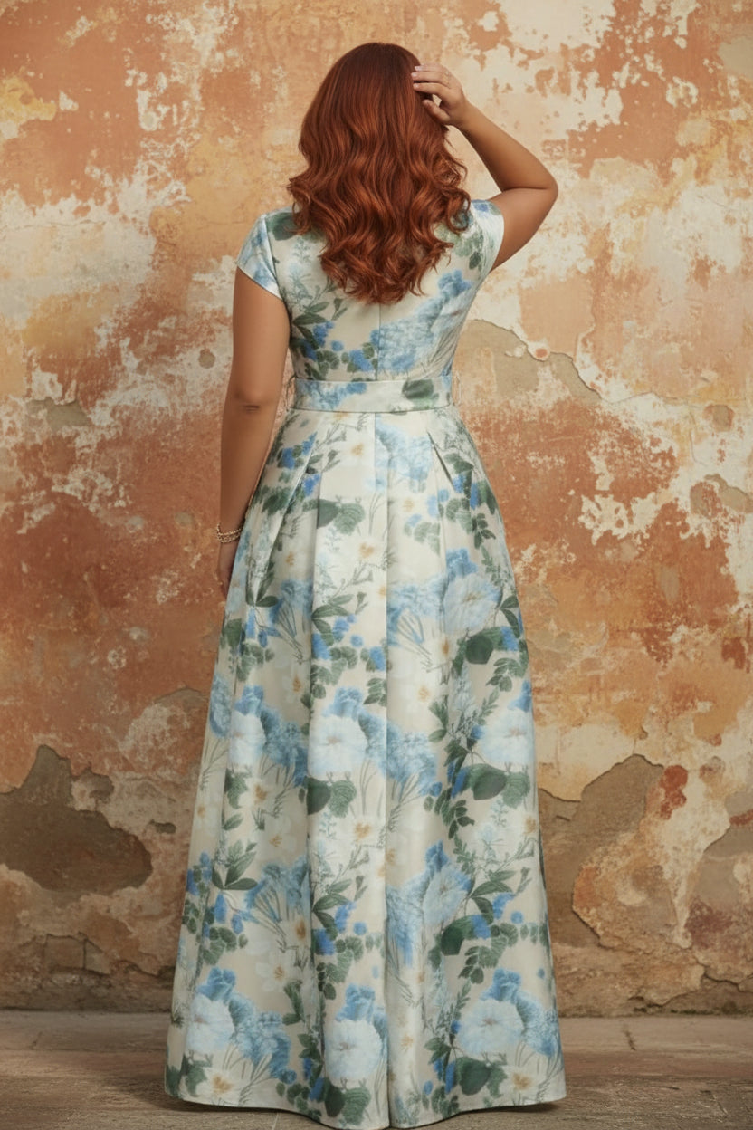 V-Neck Plus Size Mother of the Bride Dresses Printed Satin Short Sleeves Floral Floor-Length