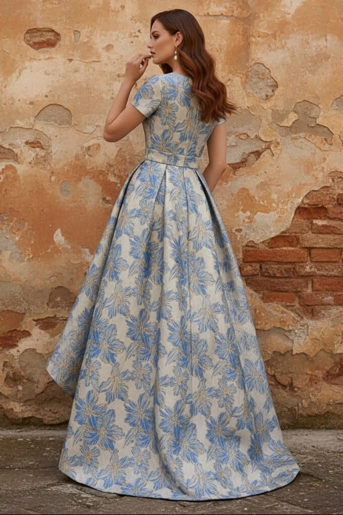 Scoop Printed Satin Mother of the Bride Dresses Short Sleeves Floral Asymmetrical Ankle-Length 3D Flower Pocket