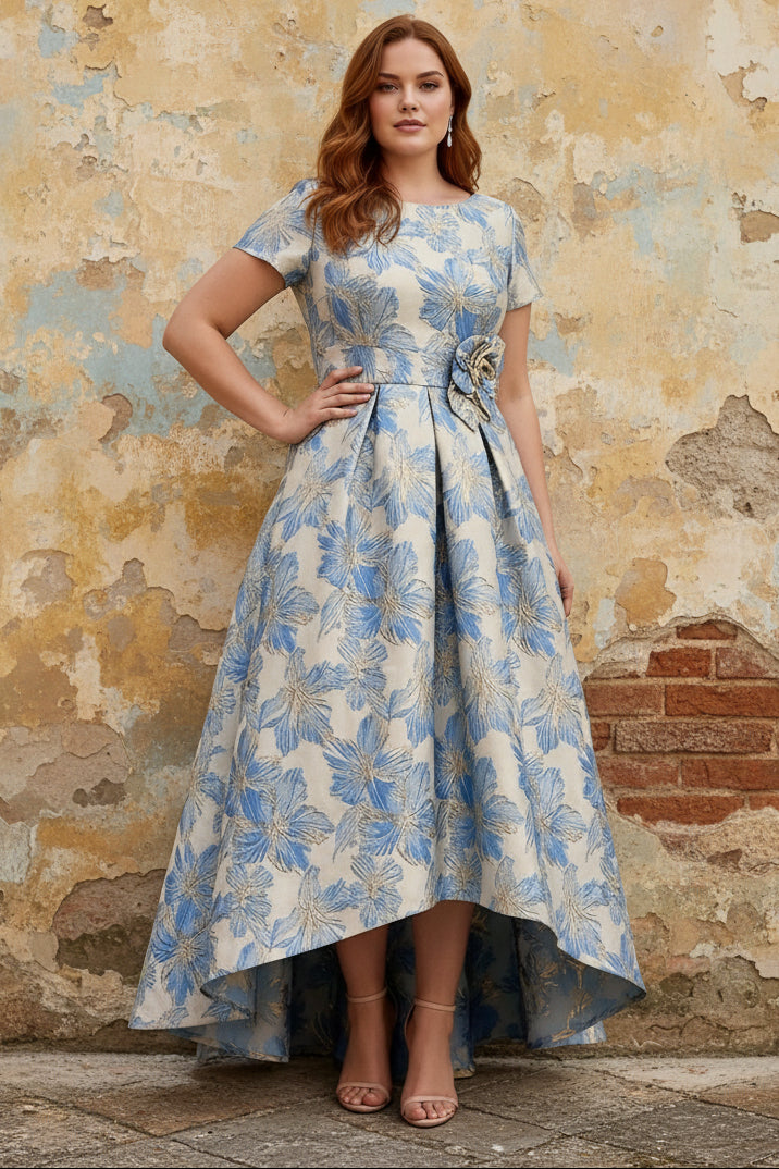 Scoop Printed Satin Plus Size Mother of the Bride Dresses Short Sleeves Floral Asymmetrical Ankle-Length 3D Flower Pocket