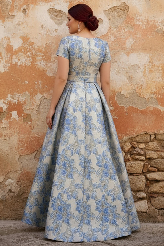 Scoop Printed Satin Plus Size Mother of the Bride Dresses Short Sleeves Floral Asymmetrical Ankle-Length 3D Flower Pocket