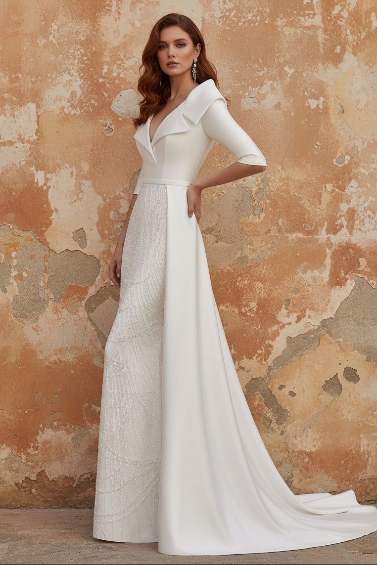 Shirt Collar Satin Mother of the Bride Dresses with Overskirt Sequins Sparkle Half Sleeves Floor-Length