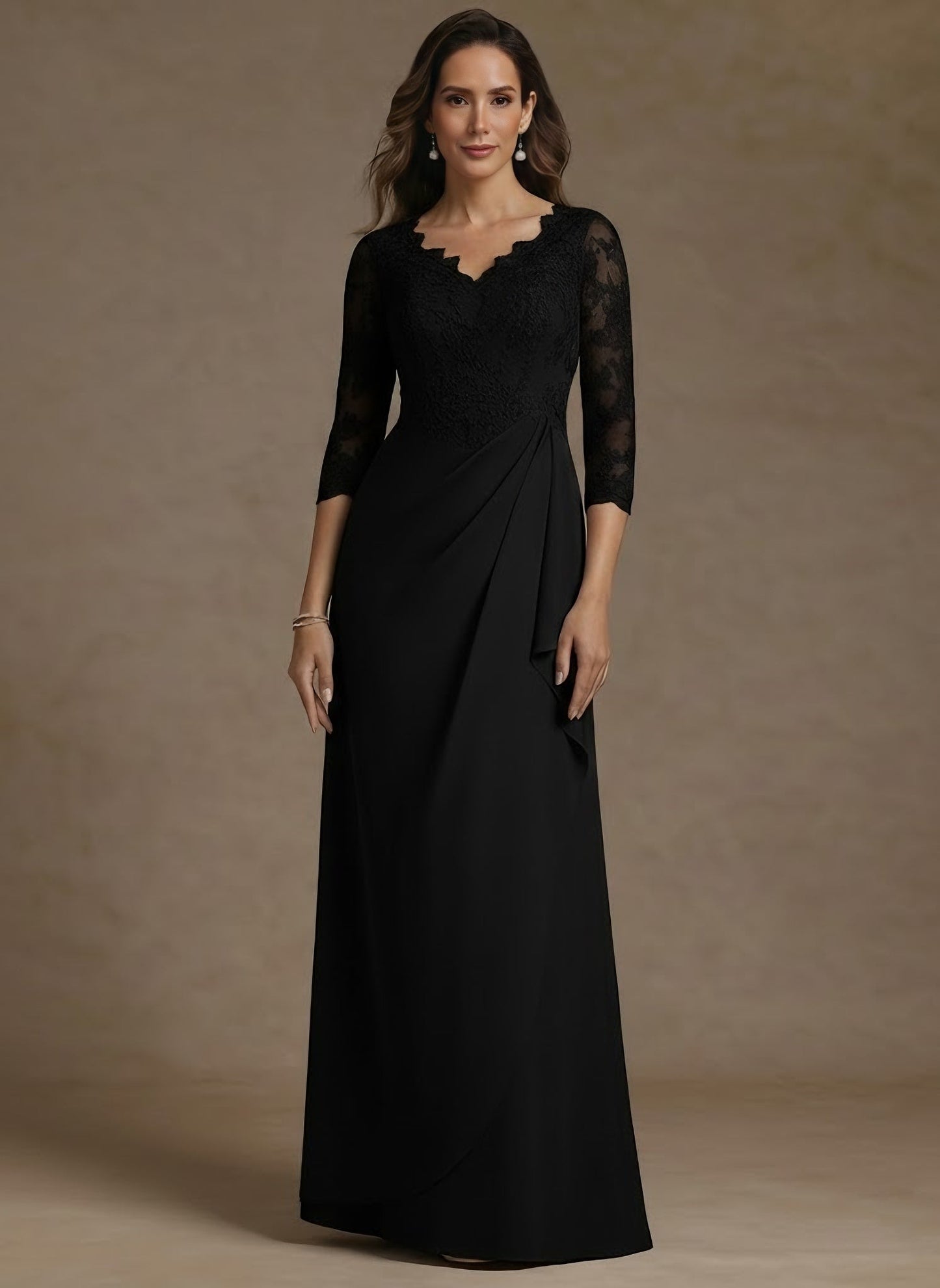 V-Neck Chiffon Mother of the Bride Dresses Lace Floor-Length 3/4 Sleeves Ruched