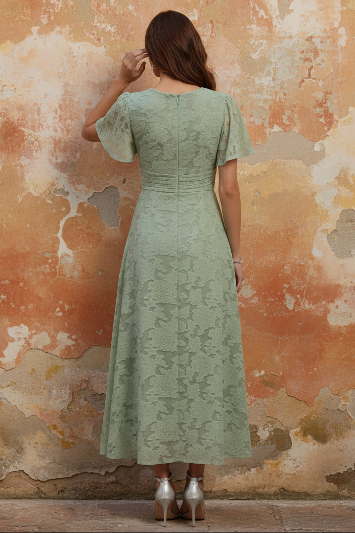 V-Neck Floral Burnout Mother of the Bride Dresses Short Sleeves Ankle-Length Ruched