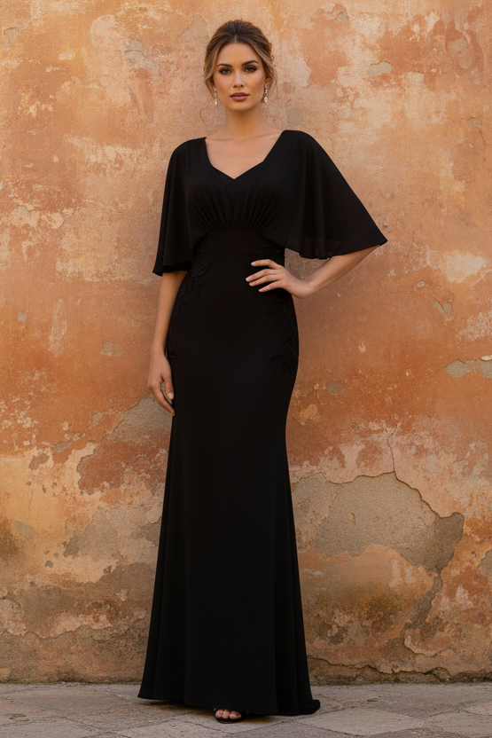 V-Neck Stretch Satin Mother of the Bride Dresses Floor-Length Appliques Short Sleeves Ruched