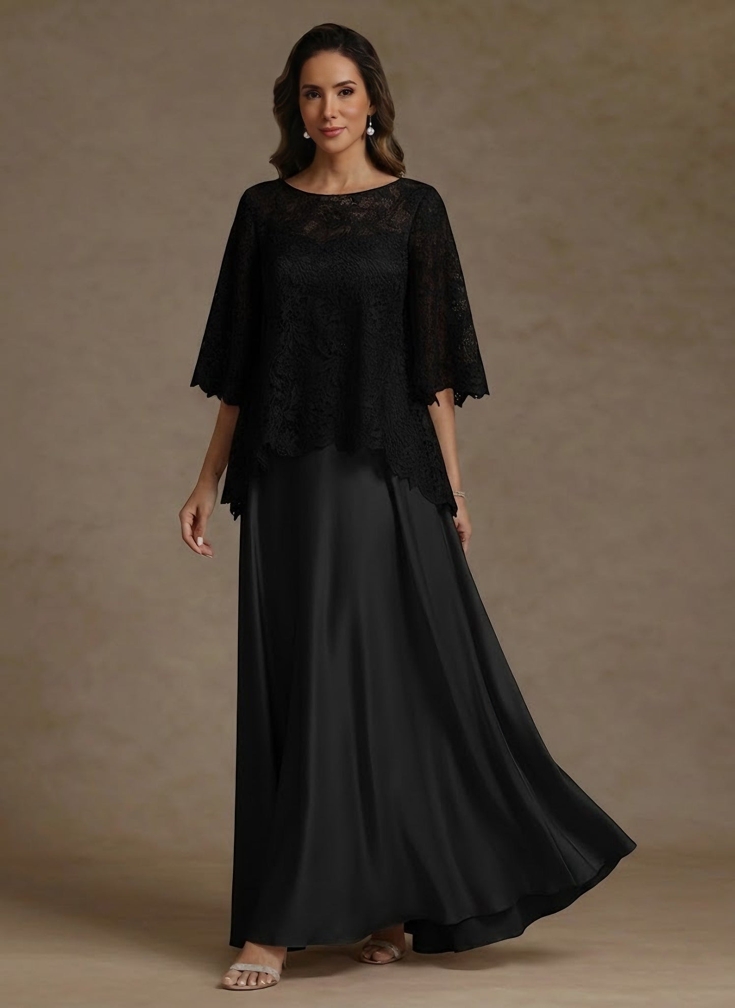 2 Pieces A-Line/Princess Silk Satin Scoop Mother ofthe Bride Dresses Lace Floor Length Short Sleeves