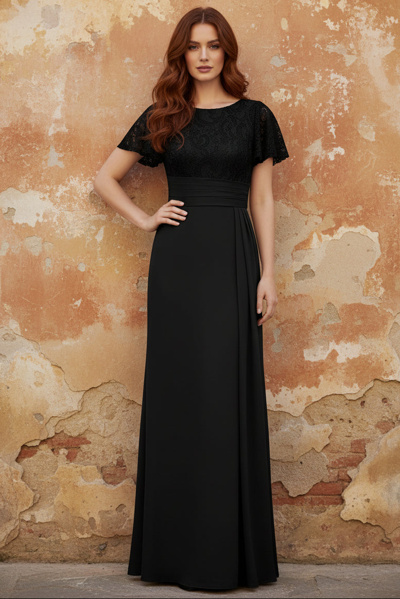 Scoop Stretch Satin Mother of the Bride Dresses with Watteau Train Lace Floor-Length Short Sleeves