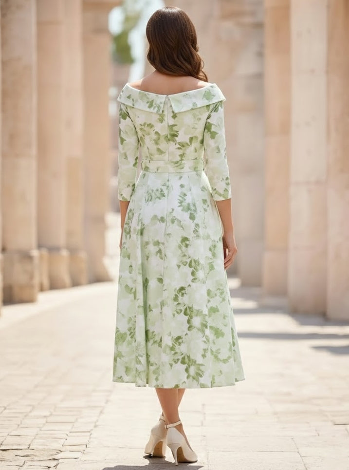 A-Line/Princess Off-the-Shoulder Printed Satin Mother of the Bride Dresses 3/4 Sleeves Floral Tea-Length