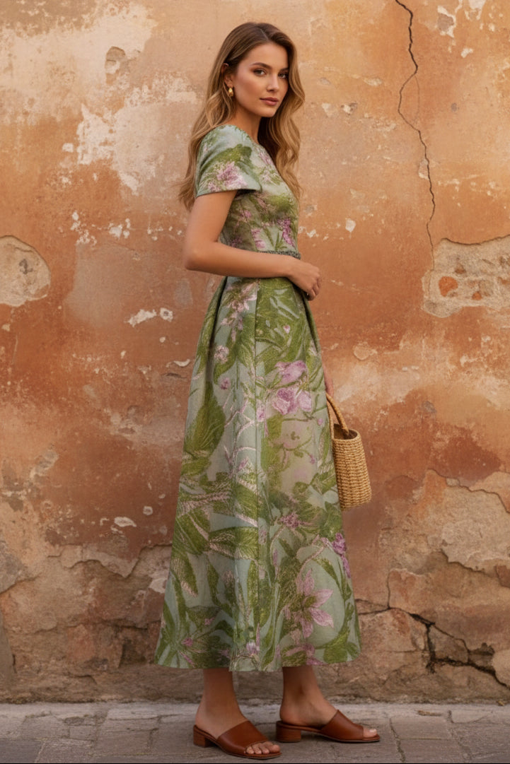 Square Collar Satin Mother of the Bride Dresses Floral Ankle-Length Short Sleeves