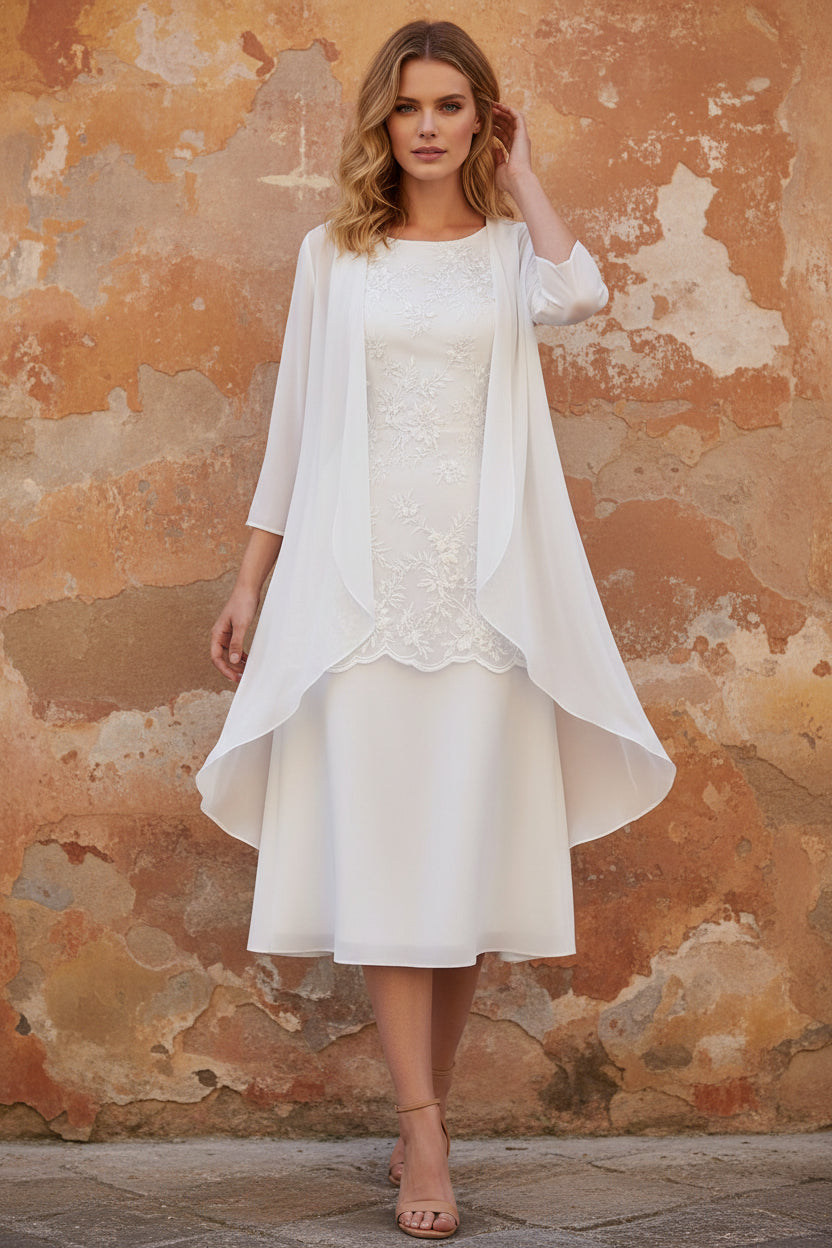 Scoop Chiffon Mother of the Bride Dresses with Jacket Tea-Length 3/4 Sleeves Lace