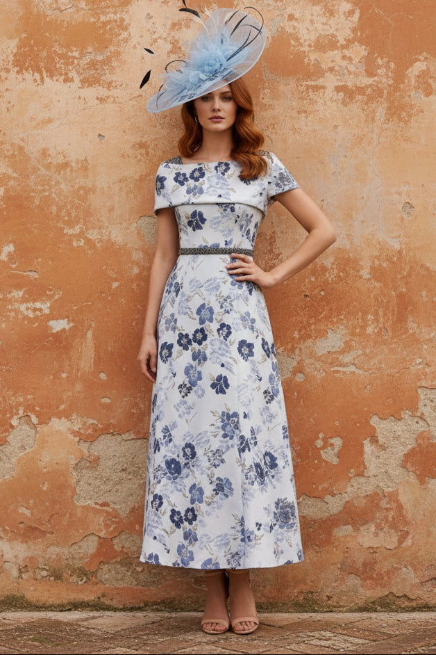 Square Collar Jacquard Mother of the Bride Dresses Floral Ankle-Length Short Sleeves