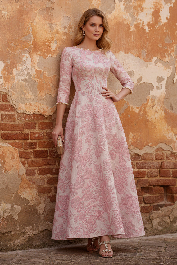 Scoop Jacquard Mother of the Bride Dresses Floral Ankle-Length 3/4 Sleeves Custom Color