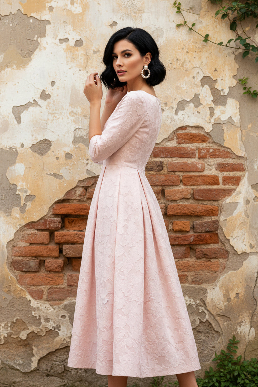 V-Neck Floral Burnout Mother of the Bride Dresses Tea-Length 3/4 Sleeves Belt