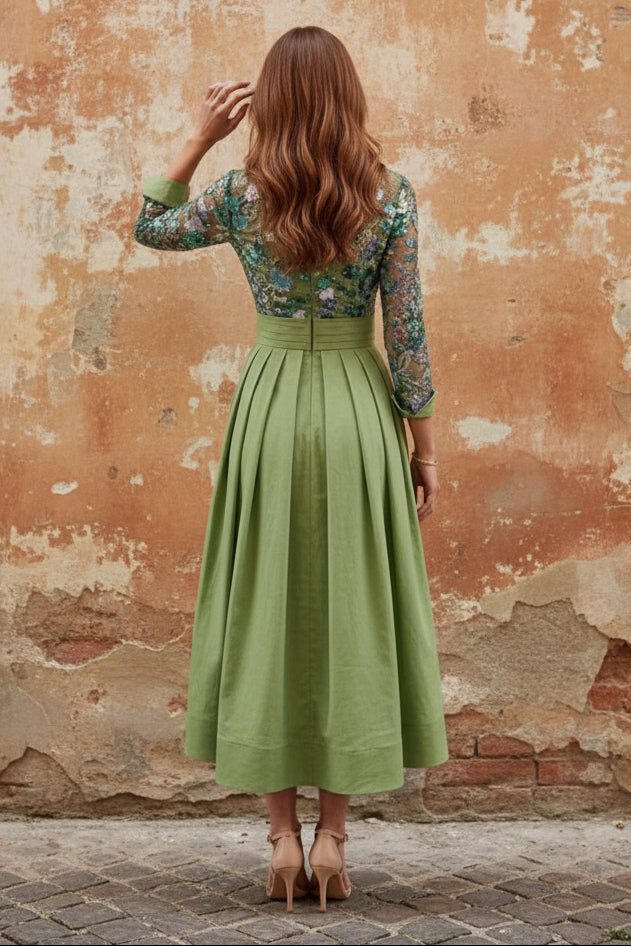 Shirt Collar Satin Mother of the Bride Dresses Tea-Length Lace Sequins 3/4 Sleeves Floral 3D Flower