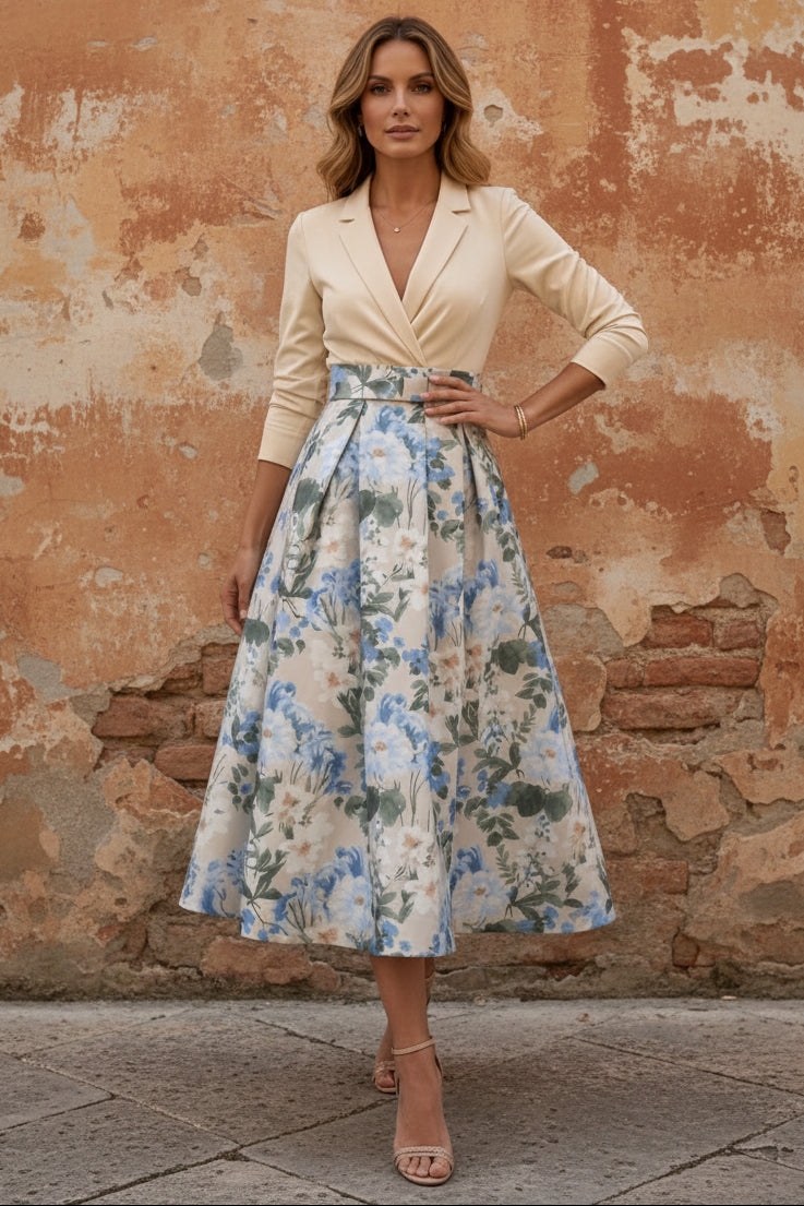 V-Neck Mother of the Bride Dresses Printed Satin 3/4 Sleeves Floral Tea-Length