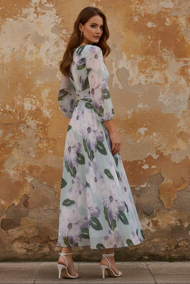 V-Neck Chiffon Mother of the Bride Dresses 3/4 Sleeves Floral Tea-Length Ruched