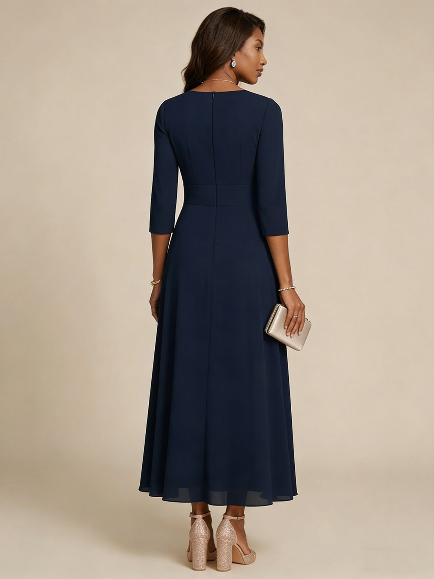 Scoop Chiffon Mother of the Bride Dresses 3/4 Sleeves Lace Tea-Length Floral