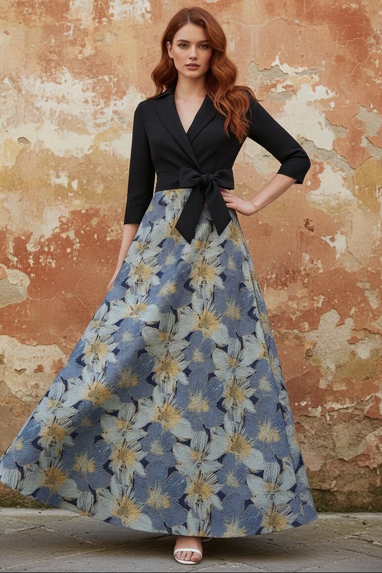 Shirt Collar Stretch Satin Mother of the Bride Dresses Floral 3/4 Sleeves Ankle Length Bowknot
