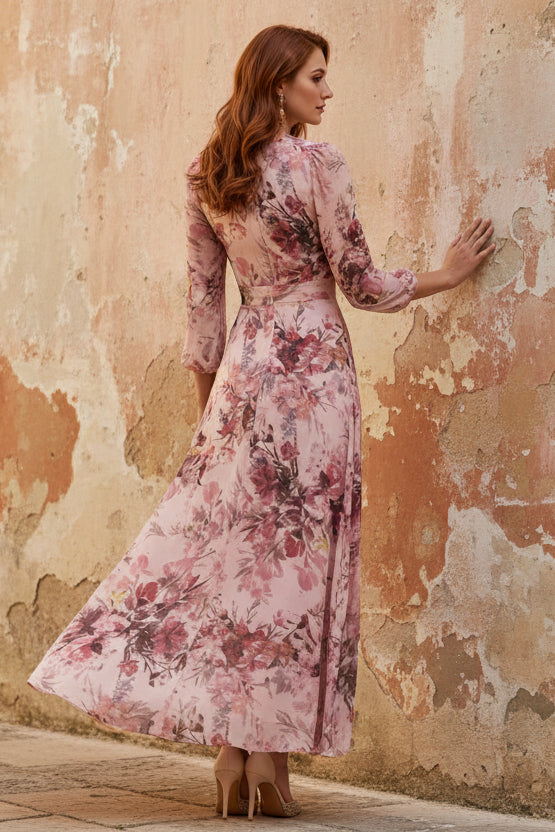 V-Neck Chiffon Mother of the Bride Dresses Floral Ankle-Length 3/4 Sleeves