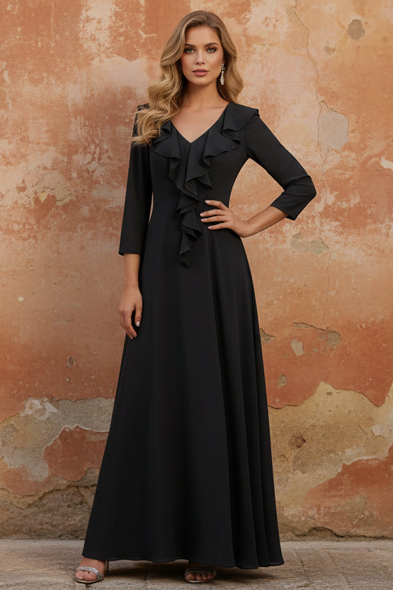 V-Neck Chiffon Mother of the Bride Dresses Floor-Length 3/4 Sleeves Ruffles