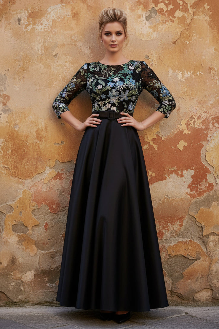 Scoop Satin Mother of the Bride Dresses Lace Sequins Floral 3/4 Sleeves Ankle-Length Belt