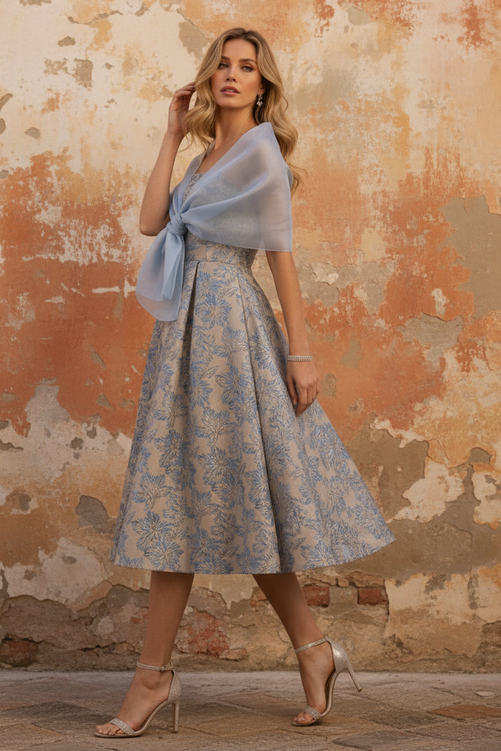 Strapless Jacquard Mother of the Bride Dresses with Wrap Floral Sleeveles Tea Length