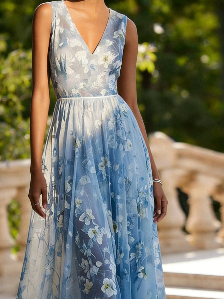 V-Neck Lace Prom Dresses Sleeveless Floor-Length Floral Formal Dresses