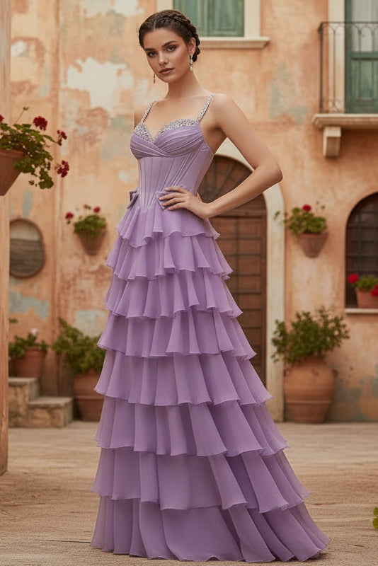 Spaghetti Straps Chiffon Prom Dresses Sequins Sleeveless Floor-Length Formal Dresses
